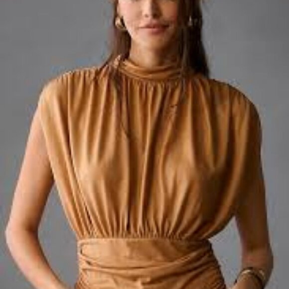 NWT Anthropologie Maeve Ruched Mock-Neck Muscle Tee Shimmering Gold Size XL - Picture 2 of 11
